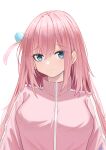  1girl absurdres blue_eyes blush bocchi_the_rock! breasts commentary_request cube_hair_ornament gotoh_hitori hair_between_eyes hair_ornament happy05x highres jacket large_breasts long_hair long_sleeves one_side_up pink_hair pink_jacket pink_track_suit side_ahoge simple_background solo 