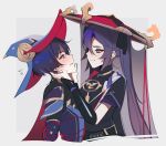  1boy 1girl absurdres black_eyes blue_hair cosplay costume_switch genshin_impact grey_background grey_eyes hetero highres japanese_clothes memeh mona_(genshin_impact) mona_(genshin_impact)_(cosplay) scaramouche_(genshin_impact) scaramouche_(genshin_impact)_(cosplay) short_hair smile twintails twitter_username violet_eyes 