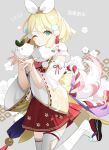  1girl 2023 blonde_hair bow commentary english_commentary flower green_eyes hands_up highres kagamine_rin leaf looking_at_viewer mona0101 one_eye_closed pom_pom_(clothes) project_sekai short_hair snow_rabbit solo thigh-highs translation_request vocaloid white_flower 