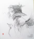  1girl absurdres bird_wings feathered_wings feathers graphite_(medium) greyscale hat highres ikeda_ruriko looking_to_the_side medium_hair monochrome musical_note mystia_lorelei open_mouth solo touhou traditional_media upper_body wings 