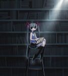  1girl :/ alternate_eye_color black_eyes black_footwear black_skirt blue_hair blue_necktie book book_on_lap bookshelf boots closed_mouth commentary dokumitsu_akaringo hair_ornament hatsune_miku highres holding holding_book indoors knee_boots library light_particles light_rays long_hair looking_at_viewer necktie no_detached_sleeves on_ladder open_book pleated_skirt shirt sitting skirt sleeveless sleeveless_shirt solo twintails very_long_hair vocaloid white_shirt wide_shot 