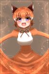 1girl animal_ears blue_eyes bow bowtie caracal_(kemono_friends) cat_ears cat_girl dress extra_ears highres hikarikmy kemono_friends kemono_friends_v_project looking_at_viewer open_mouth orange_dress orange_hair red_background short_hair simple_background smile solo virtual_youtuber 