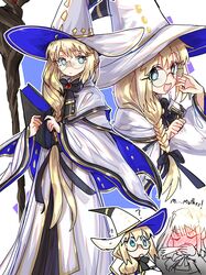  2girls :d ? absurdres baobhan_sith_(fate) black_bow black_bowtie blonde_hair blue_eyes blush book bow bowtie braid braided_ponytail brooch ebora english_text fate/grand_order fate_(series) glasses hat highres holding holding_book jewelry long_hair low_ponytail mage_staff multiple_girls multiple_views robe round_eyewear smile tonelico_(fate) very_long_hair white_headwear white_robe witch_hat 