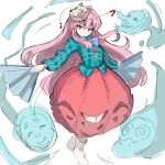  1girl aqua_shirt bifidus_(exkagerou8665) commentary folding_fan fox_mask hand_fan hata_no_kokoro highres holding holding_fan long_hair long_sleeves looking_at_viewer mask mask_on_head one-hour_drawing_challenge open_mouth pink_eyes pink_hair plaid plaid_shirt shirt simple_background solo touhou white_background white_footwear 