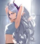  1girl ahoge armpits blue_archive breasts commentary_request demon_girl demon_horns grey_hair grey_sports_bra hair_ornament highres hina_(blue_archive) horns long_hair mansu_(user_pnmp4287) small_breasts sports_bra very_long_hair violet_eyes white_hair 
