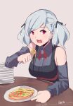  1girl absurdres artist_name black_ribbon black_vest breasts commentary detached_sleeves eating english_commentary food food_on_face fork gar32 girls_frontline grey_hair grey_shirt grey_sleeves hair_ribbon hand_on_table highres holding holding_fork large_breasts looking_at_viewer medium_hair meme open_mouth pasta plate plate_stack red_eyes ribbon shirt simple_background sleeveless sleeveless_shirt solo spaghetti spas-12_(girls&#039;_frontline) table tamamo_spaghetti_(meme) twintails upper_body vest white_background 