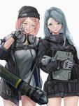  2girls absurdres beanie black_headwear black_jacket blue_eyes blue_hair closed_eyes commentary_request computer cowboy_shot girls_frontline gloves grey_background grey_gloves grey_hoodie grin hat headphones headphones_around_neck highres holding_another&#039;s_arm holding_laptop hood hoodie jacket laptop lithographica long_hair mk_153_(girls&#039;_frontline) multiple_girls pink_hair rocket_launcher simple_background sling smile v weapon 