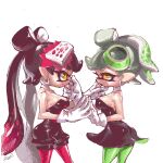  2girls bare_shoulders black_dress callie_(splatoon) cousins dress earrings gloves green_pantyhose hand_on_another&#039;s_cheek hand_on_another&#039;s_face highres jewelry long_hair looking_at_another marie_(splatoon) multiple_girls pani_spla pantyhose pink_pantyhose short_hair signature splatoon_(series) tentacle_hair white_gloves 