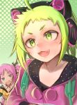  2girls ahoge animal_ear_headphones animal_ears antenna_(dohna_dohna) backpack bag blue_eyes blush coat dohna_dohna_issho_ni_warui_koto_o_shiyou dotted_background fake_animal_ears fang green_eyes headphones highres kirakira_(dohna_dohna) long_sleeves multiple_girls open_mouth pink_coat pink_hair shirt short_hair skin_fang solo_focus tomoichi twintails yellow_shirt 