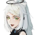 1girl black_halo bow braid braided_bangs character_request copyright_request cy_lovekent dark_halo earrings green_eyes hair_bow halo high_ponytail highres jewelry long_hair looking_at_viewer mole mole_under_eye single_braid smile white_background white_bow white_hair 