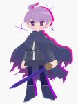  1boy ahoge belt black_belt blue_cape blush boots cape closed_mouth commentary_request drop_shadow full_body grey_jacket grey_shorts highres holding holding_sword holding_weapon jacket long_sleeves looking_at_viewer male_focus master_detective_archives:_rain_code no_lineart purple_hair short_hair shorts simple_background solo sparkle standing sword torn_cape torn_clothes violet_eyes weapon white_background yuma_kokohead zuzu_ushi 