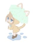  1girl :&lt; animal_ears animal_hands blue_eyes boots bow bowtie brown_footwear cat_ear_umbrella cat_ears cat_tail chibi closed_mouth green_bow green_bowtie green_umbrella hair_between_eyes holding holding_umbrella hood hood_up hooded_coat indie_virtual_youtuber kanranzk light_brown_hair long_sleeves looking_at_viewer looking_to_the_side neuro-sama sidelocks simple_background solo standing tail tail_under_clothes umbrella virtual_youtuber white_background yellow_raincoat 