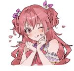  1girl blush closed_mouth half_updo heart highres holding holding_spoon inu_totemo momoi_airi one_eye_closed pink_eyes pink_hair project_sekai short_twintails sketch smile solo sparkling_eyes spoon tongue tongue_out twintails white_background 