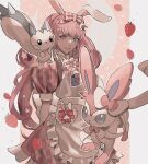  1girl abstract_background animal_ears blue_sclera bow closed_mouth colored_sclera commission fake_animal_ears food fruit heterochromia highres moon_(ornament) outline pachirisu pink_bow pink_fur pink_ribbon pokemon pokemon_(creature) rabbit_ears reo_(mmocc123) ribbon skeb_commission smile star_(symbol) strawberry sylveon two-tone_fur white_outline 