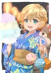 1girl blonde_hair blue_kimono blush bridget_(guilty_gear) cotton_candy female_focus green_eyes guilty_gear guilty_gear_strive japanese_clothes kimono long_sleeves looking_at_viewer medium_hair mizuiro123 obi open_mouth print_kimono roger_(guilty_gear) sash smile stuffed_animal stuffed_toy summer_festival teddy_bear water_yoyo wide_sleeves yukata