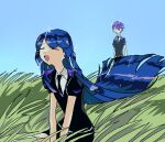  1boy 1girl =_= arm_support behind_another belt black_necktie blue_hair blue_sky blunt_ends collared_shirt commentary_request cosplay crystal_hair day floating_hair gem_uniform_(houseki_no_kuni) gwaaa_4649 hair_ornament hairclip half_updo highres hime_cut houseki_no_kuni jitome kenmochi_touya leaning_forward long_hair looking_at_another necktie nijisanji on_grass open_mouth outdoors parody puffy_short_sleeves puffy_sleeves shirt short_hair short_sleeves sidelocks sitting sky smile sparkle standing thigh-highs tsukino_mito v_arms very_long_hair virtual_youtuber white_belt white_shirt white_thighhighs wind 