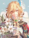  1boy arabian_clothes blonde_hair bouquet commentary earrings feather_hair_ornament feathers flower flyawaychan genshin_impact hair_ornament highres holding holding_bouquet jewelry kaveh_(genshin_impact) lily_(flower) long_sleeves male_focus red_eyes smile solo symbol-only_commentary upper_body white_flower 