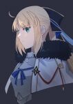  1girl ahoge armor black_fur black_ribbon blonde_hair blue_ribbon cape closed_mouth fate/grand_order fate_(series) fur_trim green_eyes grey_background hair_ribbon highres long_hair rhombus ribbon tonelico_(fate) yamano_udumi 