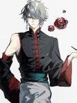  1boy absurdres alhaitham_(genshin_impact) alternate_costume aqua_eyes black_shirt chinese_clothes detached_sleeves flower genshin_impact grey_background grey_hair grey_pants hair_over_one_eye highres holding holding_smoking_pipe long_sleeves male_focus pants red_eyeliner red_flower shirt sho_yai short_hair single_detached_sleeve smoking_pipe solo 