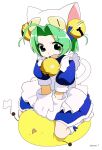  1girl absurdres ahoge animal_hat apron arms_behind_back bell blue_dress cat_hat copyright_name dejiko di_gi_charat dress flag gema green_eyes green_hair hair_bell hair_ornament hat highres jingle_bell jiryu50610218 mittens open_mouth paw_shoes short_hair short_sleeves simple_background sitting white_apron white_background white_flag white_footwear white_headwear white_mittens 