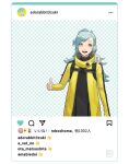  1girl ai_the_somnium_files blue_eyes blue_hair driftwoodwolf high_collar instagram jacket long_hair looking_at_viewer okiura_mizuki open_clothes open_jacket open_mouth solo teeth thumbs_up upper_teeth_only yellow_jacket 