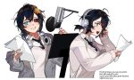  1girl ahoge bag behind-the-head_headphones black_hair black_necktie black_sclera blue_eyes bug collared_shirt colored_sclera dottovu dress_shirt english_text eus_ing grey_jacket hair_between_eyes hand_on_headphones headphones heterochromia highres holding holding_paper indie_virtual_youtuber jacket long_sleeves messy_hair microphone multiple_views necktie open_clothes open_jacket open_mouth paper red_eyes shirt short_hair simple_background sleeves_past_wrists studio_microphone sweater virtual_youtuber vu_(dottovu) white_background white_shirt 