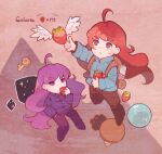  2girls ahoge backpack badeline bag blue_coat bottle brown_eyes brown_hair brown_pants celeste_(video_game) coat copyright_name food fruit hand_in_pocket humibun74 key long_hair madeline_(celeste) multiple_girls pants purple_coat purple_hair purple_pants strawberry sweatdrop very_long_hair violet_eyes wings 