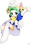  1girl absurdres ahoge animal_hat apron arms_up bell blue_dress cat_hat copyright_name dejiko di_gi_charat dress green_eyes green_hair hair_bell hair_ornament hat highres jingle_bell jiryu50610218 looking_at_viewer mittens open_mouth short_hair short_sleeves simple_background solo tail white_apron white_background white_headwear white_mittens 