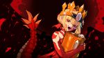  1girl absurdres blonde_hair braid crown crown_braid dragon_girl dragon_tail dress elbow_gloves fate/grand_order fate_(series) fingerless_gloves gloves highres kowai_(iamkowai) long_hair looking_at_viewer nero_claudius_(fate) open_mouth pink_eyes queen_draco_(fate) red_dress scales sidelocks smile tail teeth tongue 