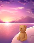  blurry blurry_background clouds commentary no_humans ocean otou_(otou_san) outdoors purple_sky sky spoilers stuffed_animal stuffed_toy summer_pockets sunset teddy_bear 