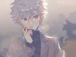  1boy artist_name blue_sweater brown_background brown_eyes brown_jacket bush chin collared_jacket commentary glasses hand_on_own_neck highres hunter_x_hunter jacket killua_zoldyck leaf long_sleeves maosishu open_mouth round_eyewear short_hair sunlight sweater teeth turtleneck upper_body white_hair 