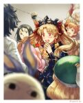  3boys 4girls animal_ears asterios_(fate) beret black_dress black_eyes black_hair black_nails blonde_hair border bouquet bow brown_eyes brown_hair cat_ears commentary_request dress earrings ereshkigal_(fate) fate/grand_order fate_(series) flower fujimaru_ritsuka_(male) green_headwear hair_bow hands_up hashibi_rokou hat holding holding_bouquet horns indoors jewelry long_hair long_sleeves medjed_(fate) multiple_boys multiple_girls nail_polish nitocris_(fate) nitocris_(swimsuit_assassin)_(fate) open_mouth paul_bunyan_(fate) red_bow red_eyes red_horns shirt short_hair skull smile tiara two_side_up waver_velvet white_border white_hair white_shirt 