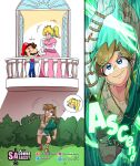  balcony blonde_hair blue_eyes breasts castle earings english_text facial_hair hat hiding highres link mario mustache princess_dress princess_peach sasa_tseng scenery smile super_mario_bros. the_legend_of_zelda the_legend_of_zelda:_tears_of_the_kingdom tunic 