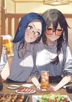  2girls 92m absurdres alcohol beer black-framed_eyewear black_hair blue_eyes blue_hair blue_nails blush braid braided_ponytail closed_mouth collared_shirt commentary_request cup dateko drink fingernails food glass glasses highres holding holding_cup kakita_(92m) long_hair looking_at_another multiple_girls nail_polish original shirt sitting smile wavy_mouth white_shirt yellow_eyes 