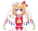  1girl ascot blonde_hair blush closed_mouth crystal double_v fingernails flandre_scarlet hair_between_eyes hat highres hoshino_ai&#039;s_pose long_hair looking_at_viewer mob_cap nail_polish one_side_up oshi_no_ko parody pose_imitation red_eyes red_nails red_vest simple_background smile solo subaru_(subachoco) tongue tongue_out touhou v vest white_background white_headwear wings yellow_ascot 