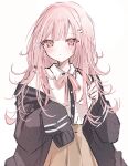  1girl alternate_hair_length alternate_hairstyle baggy_clothes black_jacket brown_skirt buttons cowboy_shot danganronpa_(series) danganronpa_2:_goodbye_despair galaga hair_ornament hairclip highres holding jacket light_blush long_hair long_sleeves looking_at_viewer nanami_chiaki neck_ribbon off_shoulder pink_eyes pink_hair pink_ribbon ribbon school_uniform shirt simple_background single_off_shoulder skirt sleeves_past_fingers sleeves_past_wrists solo spaceship_hair_ornament sweater_jacket white_background white_shirt yuyu_(shitake110) 