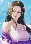  1girl absurdres black_hair blue_background blue_eyes breasts envi2hands falling_petals highres long_hair looking_to_the_side nico_robin one_piece petals signature sweater 