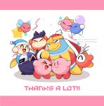  &gt;_&lt; :d ^_^ armor arms_up artist_name balloon bandana bandana_waddle_dee blue_bandana blue_cape blue_headwear blush blush_stickers bronto_burt cape cheek-to-cheek closed_eyes closed_mouth commentary_request confetti english_text flying fur-trimmed_jacket fur_trim happy hat heads_together jacket king_dedede kirby kirby_(series) lalala_(kirby) lololo_(kirby) long_sleeves mask meta_knight midooka_(o_k_k) no_humans one-eyed open_clothes open_jacket open_mouth pauldrons pink_background poppy_bros_jr red_headwear red_jacket shoulder_armor simple_background smile star_(symbol) star_balloon streamers twitter_username two-tone_background waddle_doo watermark white_background wings 