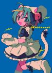  1girl ahoge animal_ear_headwear animal_ears animal_hands apron arm_up back_bow bell black_bow black_dress blue_background blue_eyes blush bow cat_ears cat_tail copyright_name dejiko di_gi_charat dress foot_out_of_frame foot_up frilled_apron frilled_dress frills from_behind gloves green_hair hair_bell hair_bow hair_ornament halftone highres jingle_bell looking_back maid_apron menma_(enaic31) open_mouth paw_gloves paw_shoes puffy_short_sleeves puffy_sleeves raised_fist running short_hair short_sleeves smile solo tail twitter_username v-shaped_eyebrows white_apron white_bow 