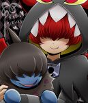 1boy argyle argyle_background black_hood closed_mouth cokata crossover deino_(pokemon) fang go!_princess_precure hair_over_eyes hairstyle_connection holding holding_pokemon hood hood_up lock_(go!_princess_precure) long_sleeves male_focus nostrils pokemon pokemon_(creature) precure shirt smile striped striped_shirt translation_request