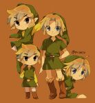 1boy artist_name blue_eyes brown_background brown_footwear closed_mouth full_body green_headwear instrument link looking_at_viewer multiple_persona ocarina pointy_ears shirt simple_background smile the_legend_of_zelda the_legend_of_zelda:_the_wind_waker tokuura toon_link upper_body young_link 