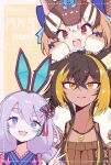  3girls animal_ears blonde_hair brown_hair extra_ears hair_ornament highres indie_virtual_youtuber kemono_friends kemono_friends_v_project kitsunetsuki_itsuki long_hair looking_at_viewer matchyama_matchka multicolored_hair multiple_girls nekoyo_chloe purple_hair ribbon short_hair siberian_chipmunk_(kemono_friends) simple_background smile two-tone_hair violet_eyes virtual_youtuber yellow_eyes 