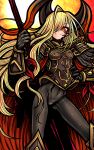  1girl armor armored_bodysuit black_armor black_bodysuit black_gloves black_horns blonde_hair bodysuit commentary_request dragon_horns facial_mark fate/grand_order fate_(series) feet_out_of_frame gloves hair_over_one_eye highres holding holding_weapon horns long_hair long_horns looking_at_viewer nazo_no_diaboro nero_claudius_(fate) pointy_ears queen_draco_(fate) queen_draco_(third_ascension)_(fate) red_eyes smile solo very_long_hair weapon 