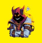  1boy alternate_costume belt blue_jacket brown_belt colored_skin crossed_arms evil_grin evil_smile fake_horns grin heart hood horns jacket league_of_legends light looking_ahead male_focus official_alternate_costume orange_eyes red_hood shaco sharp_teeth simple_background smile solo soul_fighter_shaco straitjacket teeth upper_body yellow_background zetta_aznec 