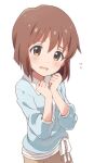  1girl blue_shirt blush bob_cut bow breasts brown_eyes brown_hair brown_skirt buchi_(y0u0ri_) clenched_hands dot_nose flying_sweatdrops hagiwara_yukiho hands_up idolmaster idolmaster_(classic) idolmaster_million_live! idolmaster_million_live!_theater_days long_sleeves looking_at_viewer medium_breasts open_mouth shirt short_hair simple_background skirt solo upper_body waist_bow white_background white_bow 