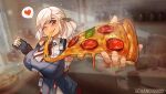  1girl absurdres asymmetrical_bangs black_gloves black_ribbon breasts chance8000 cheese cheese_trail eating fingerless_gloves food girls_frontline gloves grey_hair hair_ribbon heart highres holding holding_food holding_pizza large_breasts long_hair looking_at_viewer one_eye_closed pepperoni pizza pizza_slice red_eyes ribbon solo spas-12_(girls&#039;_frontline) speech_bubble spoken_heart standing twintails 
