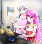  2girls apron blue_eyes blurry blurry_background calendar_(object) casual center_frills closed_mouth commentary_request cooking dress eyebrows_hidden_by_hair eyelashes female_child food fried_rice frills frown frying_pan grey_eyes hair_between_eyes hands_up highres holding holding_frying_pan holding_ladle indoors katou_umi kitchen ladle light_blush long_hair looking_at_food mini_dang01 motion_blur multiple_girls naruse_shiroha off_shoulder open_mouth orange_dress pink_apron purple_hair red_apron short_sleeves side-by-side sidelocks stove summer_pockets two_side_up very_long_hair white_hair 