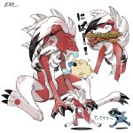  bread claws eating food lettuce looking_down lycanroc lycanroc_(midnight) mareep multiple_views open_mouth oyasuminjyutsu pokemon red_eyes red_pupils riolu sandwich sharp_teeth signature sitting sweat teeth tomato tomato_slice white_background 