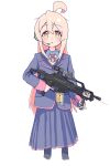  1girl absurdres ahoge blue_jacket blue_skirt brown_eyes commentary gun hair_between_eyes headset highres holding holding_gun holding_weapon jacket laser_sight light_blush long_hair long_sleeves looking_at_viewer onii-chan_wa_oshimai! open_mouth oyama_mahiro pink_hair riannn_desu school_uniform simple_background skirt solo straight-on trigger_discipline very_long_hair weapon white_background 