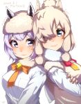 2girls alpaca_ears alpaca_huacaya_(kemono_friends) alpaca_suri_(kemono_friends) animal_ears back-to-back bell blonde_hair blue_eyes breast_pocket breasts character_name closed_mouth commentary_request crossed_arms dated ears_through_headwear eyelashes fingernails fur_collar fur_hat fur_scarf fur_trim hair_over_one_eye hand_on_own_arm hat height_difference highres horizontal_pupils kemono_friends lips long_bangs long_sleeves looking_at_viewer medium_hair multiple_girls neck_bell neck_ribbon pocket purple_hair ribbon scarf shirt smile sweater_vest taut_clothes taut_shirt thin_(suzuneya) upper_body v_arms violet_eyes white_shirt 
